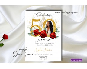 50th Birthday Party Invitation with photo,Red Roses 50th Birthday Party Celebration Invitation,(148w)
